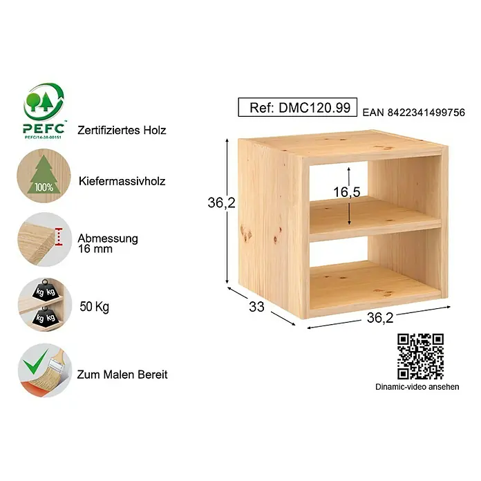 Astigarraga Dinamic Holzregal - H x B x T: 36,2 x 36,2 x 33 cm, Traglast pro Boden: 50 kg, Anzahl Böden: 2 Stk., Schrauben, Natur - Abbildung eines naturbelassenen Holzregals mit zwei Fächern und Maßangaben.