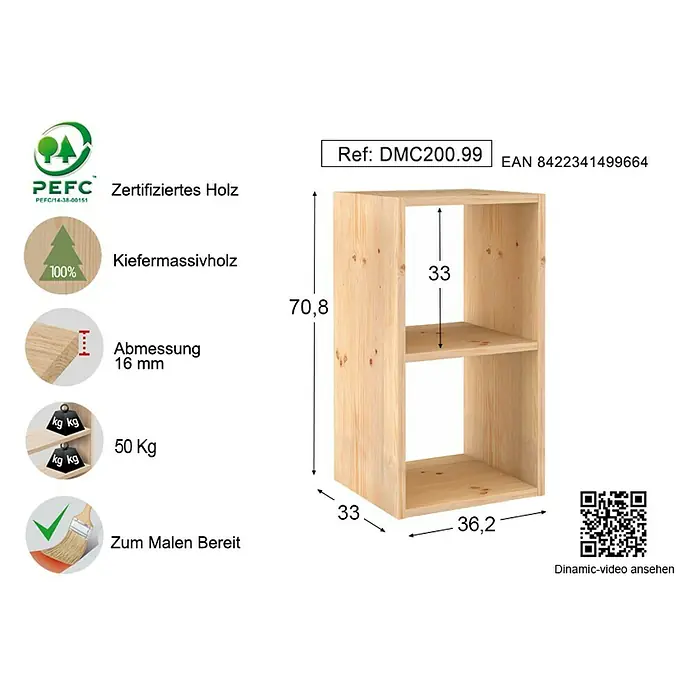 Astigarraga Dinamic Holzregal - H x B x T: 70,8 x 36,2 x 33 cm, Traglast pro Boden: 50 kg, Anzahl Böden: 2 Stk., Schrauben, Natur - Abbildung eines Holzregals mit zwei Fächern, Maße und Produktdetails wie PEFC-Zertifizierung, Holzart, Belastbarkeit und Bearbeitungshinweise.