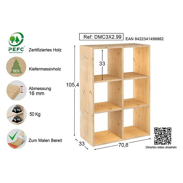 Astigarraga Dinamic Holzregal - H x B x T: 105,4 x 70,8 x 33 cm, Traglast pro Boden: 50 kg, Anzahl Böden: 4 Stk., Schrauben, Natur - Produktbild eines hellen Kiefernholzregals mit sechs Fächern und den Maßen 105,4 x 70,8 x 33 cm.