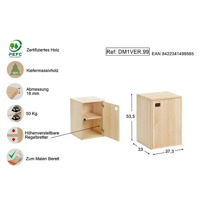 Astigarraga Dinamic Schrank - L x B x H: 33 x 37,3 x 53,5 cm, Kiefernholz - Abbildung eines hellen Holzschranks mit einer Tür, der für die Bemalung vorbereitet ist und verstellbare Regale sowie Maßangaben enthält.