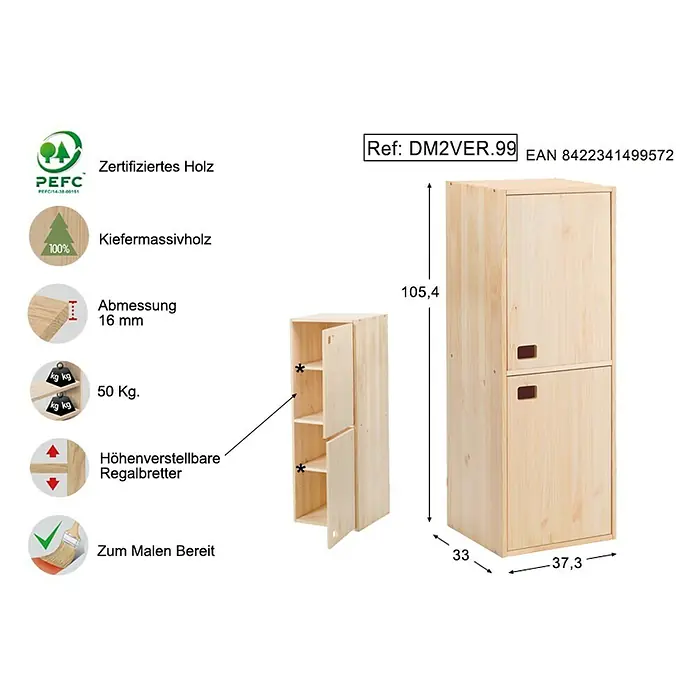Astigarraga Dinamic Schrank - L x B x H: 33 x 37,3 x 105,4 cm, Kiefernholz - Produktbild eines Kiefernholzschranks mit Abmessungen und Details zu Material und Eigenschaften.