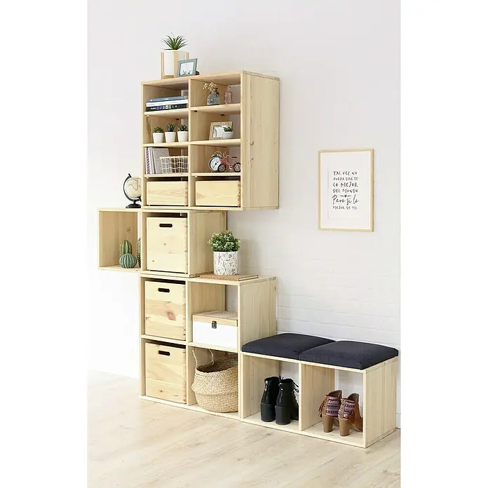 Astigarraga Dinamic Holzregal - H x B x T: 174,6 x 36,2 x 33 cm, Traglast pro Boden: 50 kg, Anzahl Böden: 5 Stk., Schrauben, Natur - Holzregal-Set mit offenen Fächern, Schubladen und Sitzbank mit Stauraum für eine organisierte und stilvolle Einrichtung.