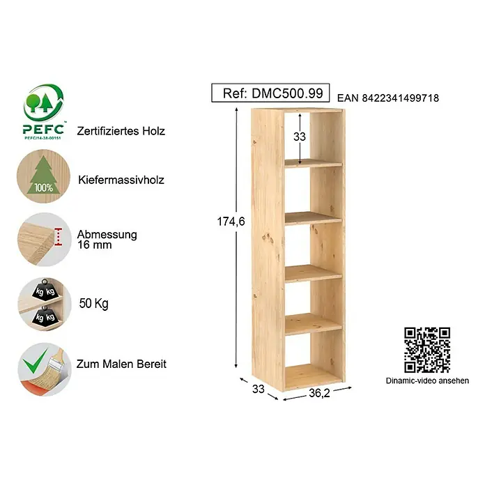 Astigarraga Dinamic Holzregal - H x B x T: 174,6 x 36,2 x 33 cm, Traglast pro Boden: 50 kg, Anzahl Böden: 5 Stk., Schrauben, Natur - Ein Regal aus Kiefernholz mit fünf Fächern und den Maßen 174,6 x 33 x 36,2 cm.