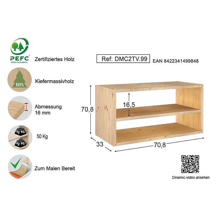 Astigarraga Dinamic Holzregal - H x B x T: 36,2 x 70,8 x 33 cm, Traglast pro Boden: 50 kg, Anzahl Böden: 1 Stk., Schrauben, Natur - Produktbild eines Regals aus Kiefernholz mit den Maßen 70,8 x 70,8 x 33 cm, zertifiziert und zum Bemalen bereit.