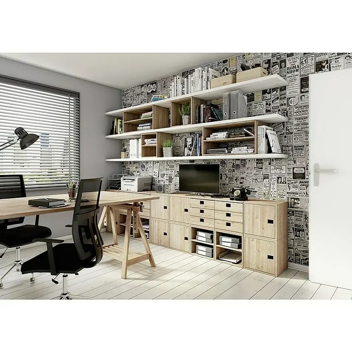Astigarraga Dinamic Holzregal - H x B x T: 36,2 x 70,8 x 33 cm, Traglast pro Boden: 50 kg, Anzahl Böden: 1 Stk., Schrauben, Natur - Ein moderner Büroraum mit einem großen Holztisch, Bürostühlen und Regalen an der Wand. Die Regale sind mit Büchern und anderen Gegenständen gefüllt.