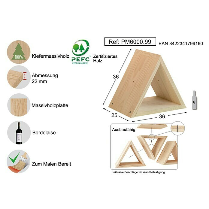 Astigarraga WandregalL x B x H: 25 x 36 x 36 cm, Holz Right Side View