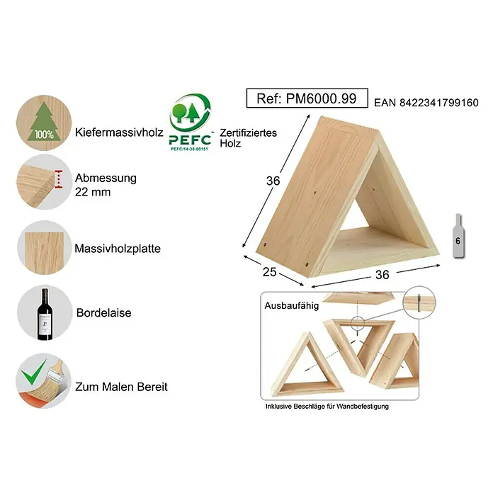 Astigarraga Wandregal - L x B x H: 25 x 36 x 36 cm, Holz - Dreieckiges Weinregal aus massivem Kiefernholz zur Wandmontage, ausbaufähig mit Beschlägen. Ideal für Bordelaise-Flaschen.