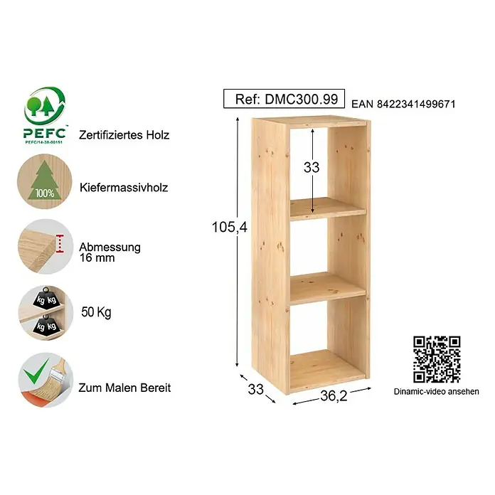 Astigarraga Dinamic Holzregal - H x B x T: 105,4 x 36,2 x 33 cm, Traglast pro Boden: 50 kg, Anzahl Böden: 3 Stk., Schrauben, Natur - Produktbild eines Kiefernholzregals mit drei Fächern, Maße und Produktdetails sind zur einfachen Übersichtlichkeit angegeben.