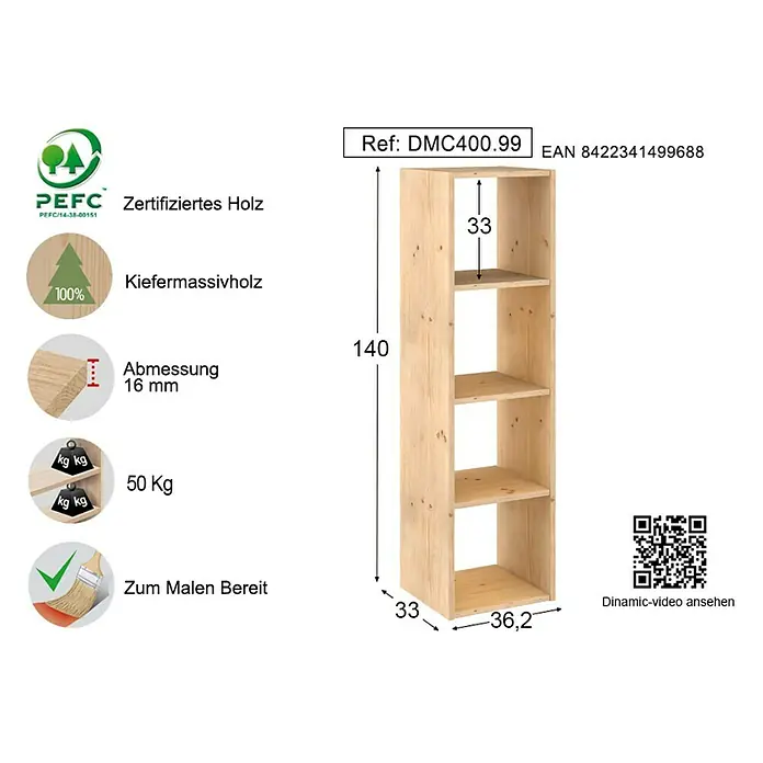 Astigarraga Dinamic Holzregal - H x B x T: 140 x 36,2 x 33 cm, Traglast pro Boden: 50 kg, Anzahl Böden: 4 Stk., Schrauben, Natur - Eine Detailansicht eines schmalen, hölzernen Bücherregals mit vier Fächern und Maßangaben.