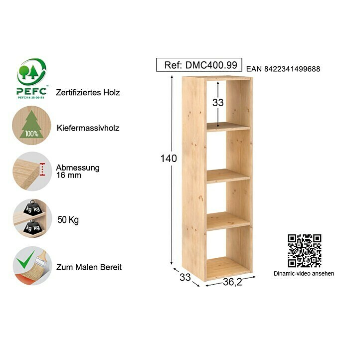 Astigarraga Dinamic HolzregalL x B x H: 33 x 36,2 x 140 cm, Holz Right Side View