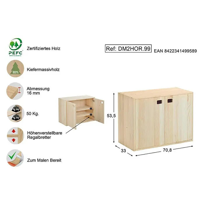 Astigarraga Dinamic Holz-Mehrzweckschrank - L x B x H: 33 x 70,8 x 53,5 cm, Kiefernholz - Abbildung eines Kiefernholzschranks mit zwei Türen, Maße sind angegeben.