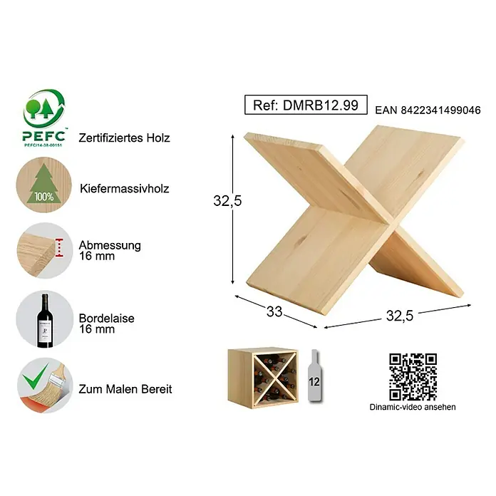 Astigarraga Dinamic Weinregal - L x B x H: 33 x 32,5 x 32,5 cm, Holz - Produktbild eines Weinregals aus Holz mit Größenangaben und Details zu Material und Beschaffenheit.