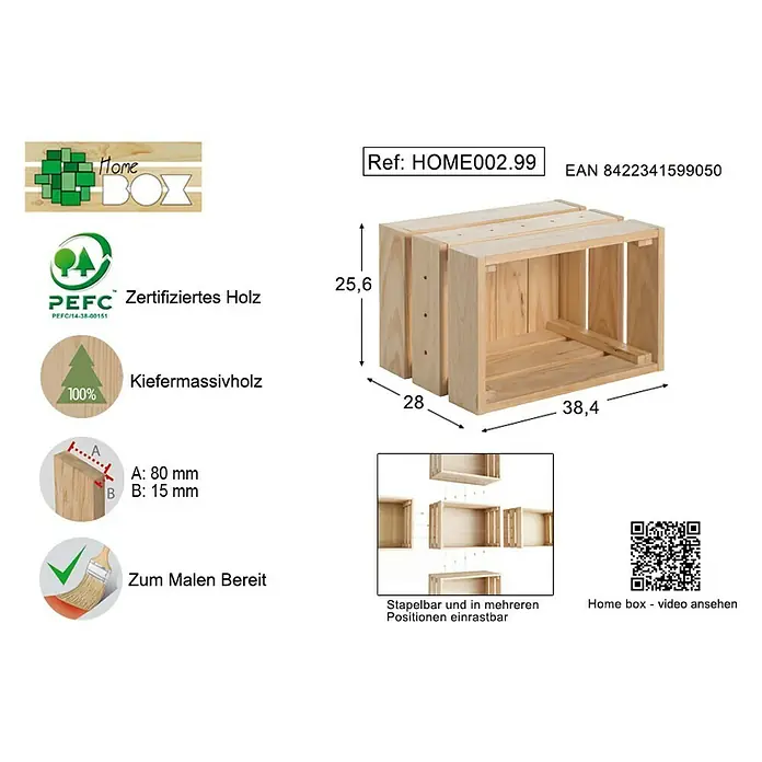 Astigarraga Home Box Holzkiste - L x B x H: 28 x 38,4 x 25,6 cm, Kiefernholz - Das Bild zeigt eine Home Box HOME002.99 aus Kiefermassivholz, die zum Malen bereit ist und sich stapeln lässt.