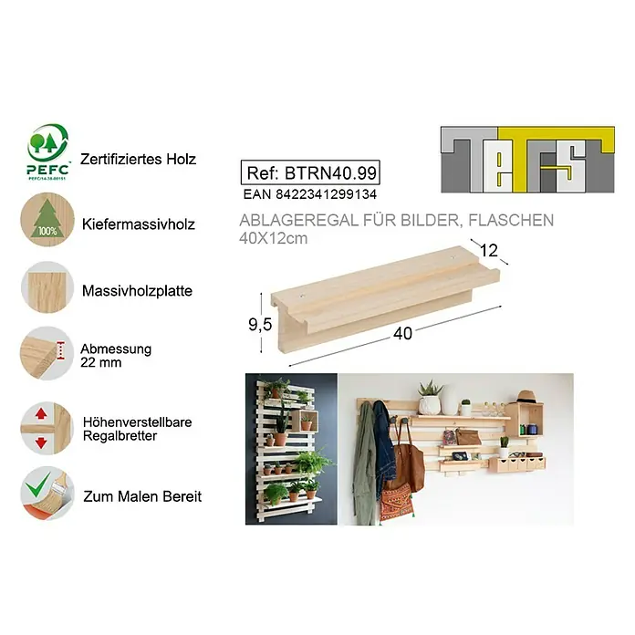 Astigarraga Tetris Wandregal - L x B x H: 40 x 12 x 9,5 cm, Kiefernholz - Produktbild eines Ablageregals für Bilder und Flaschen aus Kiefermassivholz, 40x12cm, ideal zum Anmalen.
