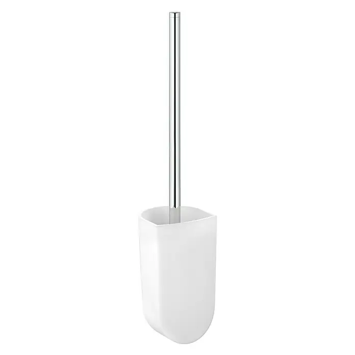 Keuco Elegance WC-Bürstengarnitur - Kristallglas, Weiß/Chrom - Eine Toilettenbürste mit Halter, bestehend aus einem weißen Behälter und einem schlanken, silbernen Griff. Praktisch und stilvoll fürs Bad.