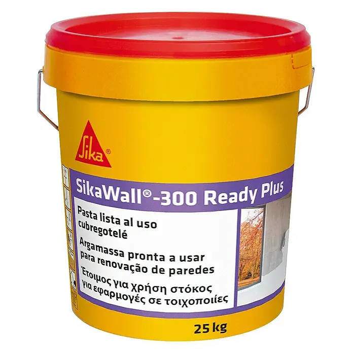 Sika Plaste SikaWall - 300 Ready Plus - Blanco, 25 kg - Cubo amarillo de SikaWall®-300 Ready Plus, una pasta lista al uso para renovaciones y aplicaciones de paredes.