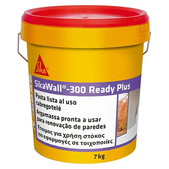 Sika Plaste SikaWall - 300 Ready Plus - Blanco, 7 kg - Cubo amarillo de SikaWall®-300 Ready Plus, una pasta lista al uso para renovaciones de paredes, ideal para reparar y alisar superficies.