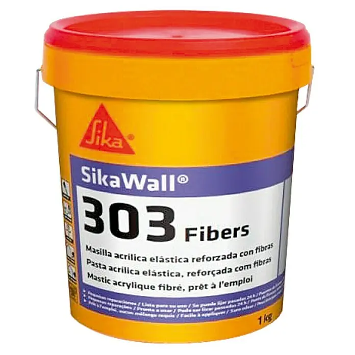 Sika Masilla SikaWall -303 Fibers - 1 kg - Un cubo amarillo de SikaWall 303 Fibers, una masilla acrílica con fibras elásticas, ideal para reparaciones y parches interiores y exteriores.