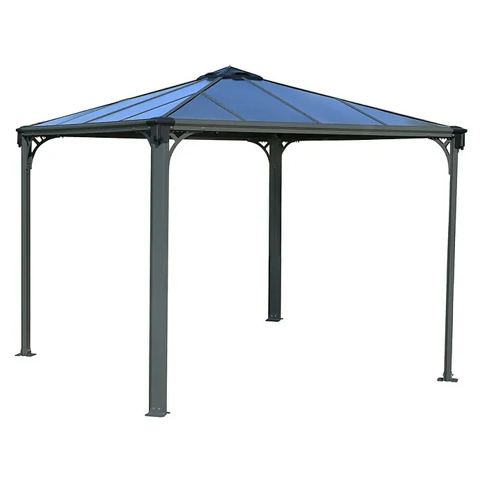 Palram – Canopia Pérgola estándar con cortinas Palermo - An x Pr: 300 x 300 cm, Color del armazón: Antracita, Aluminio - Imagen de una glorieta con techo azul y columnas grises, ideal para jardines o patios.
