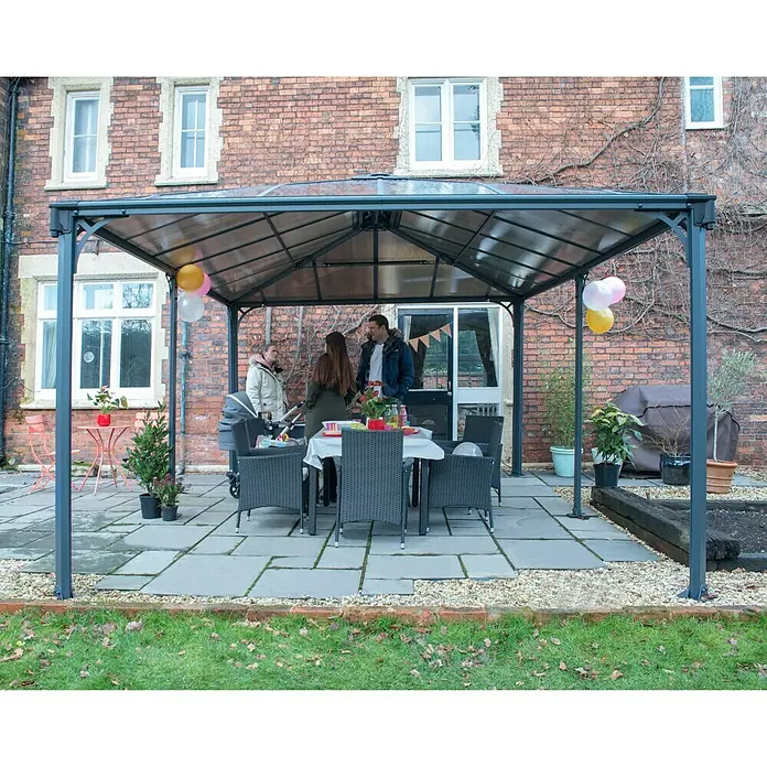 Palram – Canopia Pavillon Martinique 5000B x T: 493 x 359,3 cm, Farbe Gestell: Anthrazit, Aluminium - Die elegante Gartenlaube bietet Schutz und Komfort im Freien, ideal für gesellige Zusammenkünfte im Garten. Sie sorgt für eine entspannte Atmosphäre.