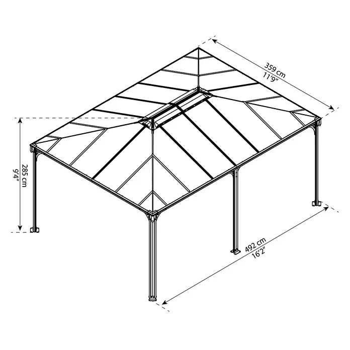 Palram – Canopia Pavillon Martinique 5000B x T: 493 x 359,3 cm, Farbe Gestell: Anthrazit, Aluminium - Produktdiagramm eines Pavillons mit Abmessungen.