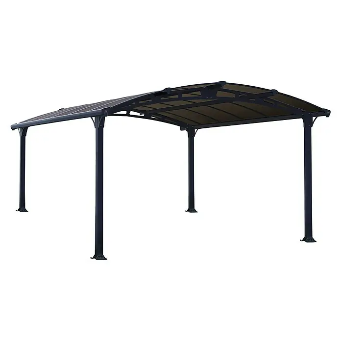 Palram – Canopia Carport Arcadia 4300 - Außenmaß inkl. Dachüberstand (B x T): 3,59 x 4,35 m, Doppelcarport, Grau - Bild eines freistehenden Pavillons mit schwarzem Rahmen und braunem Dach, ideal für den Außenbereich.