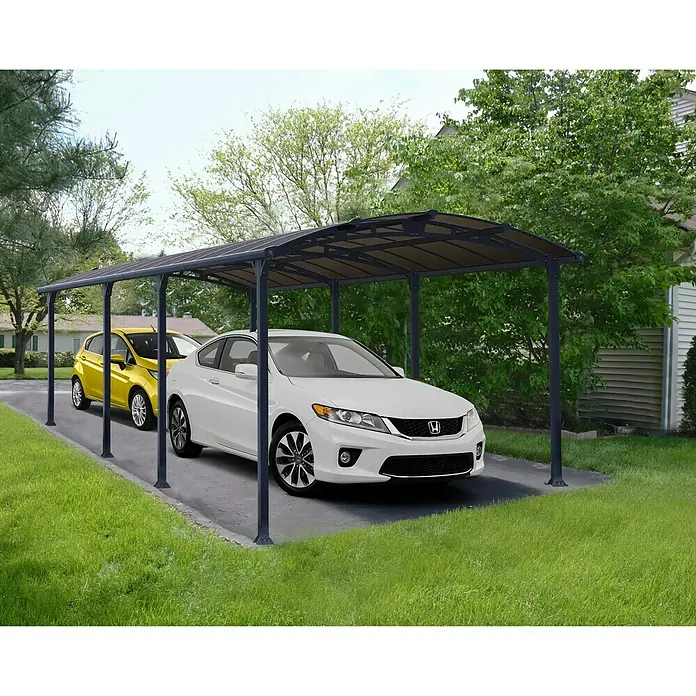 Palram – Canopia Carport Arcadia - Medidas ext. (An x Pr): 3,59 x 8,63 m, Carport doble, Gris - Un moderno carport con dos coches aparcados, uno amarillo y otro blanco, que ofrece protección contra los elementos.