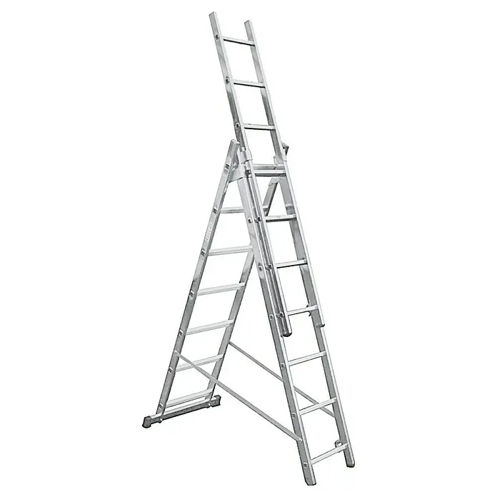 Krause Corda Escalera multiusos - Altura de trabajo: 5,1 m, Número de peldaños: 21 ud., Carga soportada: 150 kg, Aluminio - Imagen de una escalera multiusos plateada.