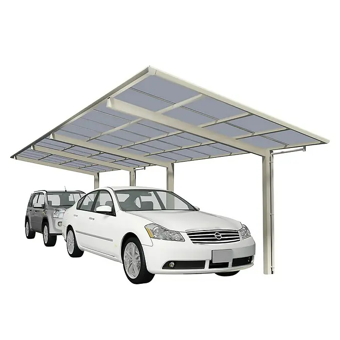 Ximax Carport LINEA Tandem 60 - Außenmaß inkl. Dachüberstand (B x T): 2,73 x 9,83 m, Doppelcarport, Edelstahloptik, Schneelast: 75 kg/m² - Ein Carport mit zwei geparkten Autos darunter, ein weißes Auto im Vordergrund und ein graues dahinter.