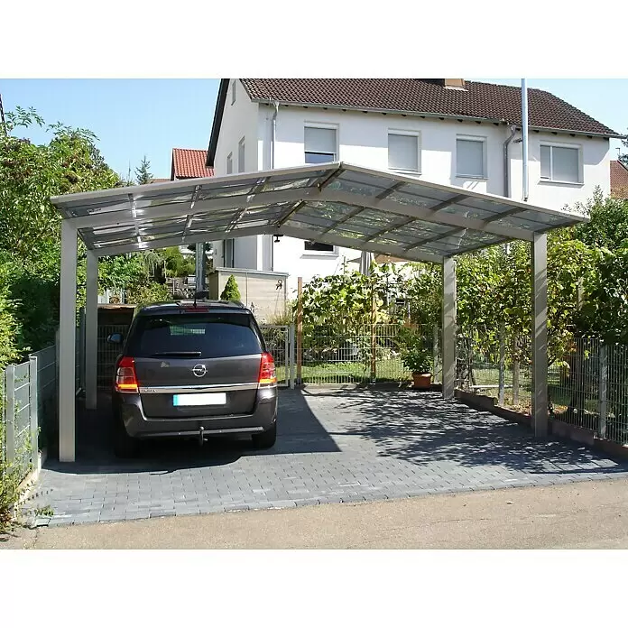 Ximax Carport LINEA M 60 - Außenmaß inkl. Dachüberstand (B x T): 5,46 x 4,95 m, Doppelcarport, Edelstahloptik, Schneelast: 75 kg/m² - Stimmungsaufnahme