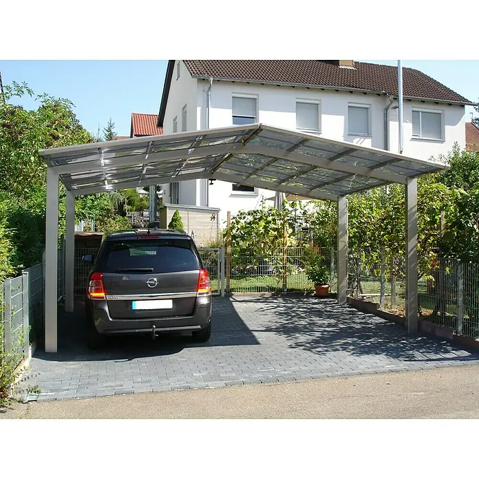 Ximax Carport LINEA M 80 - Außenmaß inkl. Dachüberstand (B x T): 5,46 x 4,95 m, Doppelcarport, Edelstahloptik, Schneelast: 100 kg/m² - Carport aus Metall mit Auto darunter.