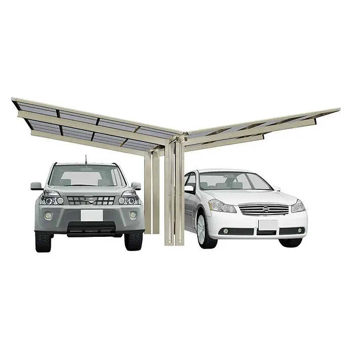 Ximax Carport LINEA Y 80 - Außenmaß inkl. Dachüberstand (B x T): 5,48 x 4,95 m, Doppelcarport, Edelstahloptik, Schneelast: 100 kg/m² - Doppelcarport aus Metall mit zwei parkenden Autos. Das Carport bietet Schutz vor Witterungseinflüssen und sorgt für einen sicheren Stellplatz.