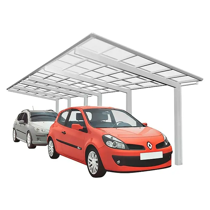 Ximax Carport LINEA Tandem 110 - Außenmaß inkl. Dachüberstand (B x T): 2,73 x 9,83 m, Doppelcarport, Edelstahloptik, Schneelast: 137 kg/m² - Carport mit zwei Autos. Der Carport ist aus Metall und hat ein transparentes Dach. Die Autos sind rot und grau.