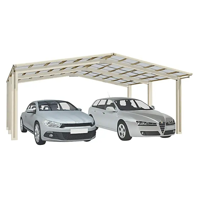 Ximax Carport LINEA M 110 - Außenmaß inkl. Dachüberstand (B x T): 5,46 x 4,95 m, Doppelcarport, Edelstahloptik, Schneelast: 137 kg/m² - Doppelcarport mit zwei Autos darunter. Das Carport bietet Schutz vor Witterungseinflüssen und hält die Fahrzeuge sauber und trocken.