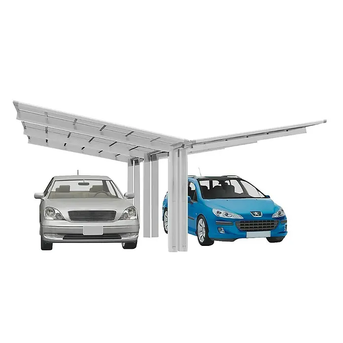 Ximax Carport LINEA Y 110 - Außenmaß inkl. Dachüberstand (B x T): 5,48 x 4,95 m, Doppelcarport, Edelstahloptik, Schneelast: 137 kg/m² - Bild einer Doppel-Carport-Struktur, die zwei Autos Schatten spendet, eines silbern und eines blau.