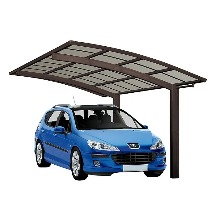 Ximax Carport Portoforte 60 - Außenmaß inkl. Dachüberstand (B x T): 2,7 x 4,95 m, Einzelcarport, Mattbraun, Schneelast: 75 kg/m² - Das Bild zeigt ein Carport aus Metall, das ein blaues Auto vor Witterungseinflüssen schützt und zusätzlichen Stauraum bietet.