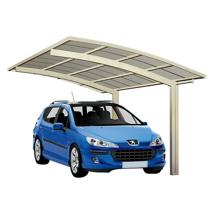 Ximax Carport Portoforte 60 - Außenmaß inkl. Dachüberstand (B x T): 2,7 x 4,95 m, Einzelcarport, Edelstahloptik, Schneelast: 75 kg/m² - Das Bild zeigt ein blaues Auto unter einem Carport. Das Carport schützt das Fahrzeug vor Witterungseinflüssen.