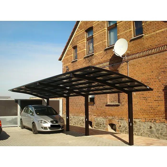 Ximax Carport Portoforte Tandem 60 - Außenmaß inkl. Dachüberstand (B x T): 2,7 x 9,83 m, Doppelcarport, Mattbraun, Schneelast: 75 kg/m² - Carport aus Stahl mit Polycarbonatdach und einem geparkten silbernen Seat-Auto.