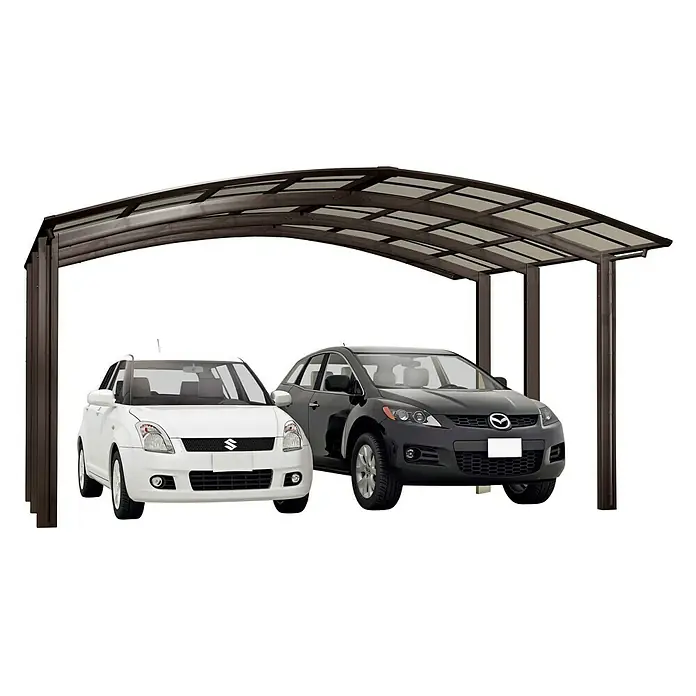 Ximax Carport Portoforte M 60 - Außenmaß inkl. Dachüberstand (B x T): 5,42 x 4,95 m, Doppelcarport, Mattbraun, Schneelast: 75 kg/m² - Carport mit zwei Autos darunter. Der Carport hat ein braunes Gestell und ein transparentes Dach, das die Autos vor Witterung schützt.