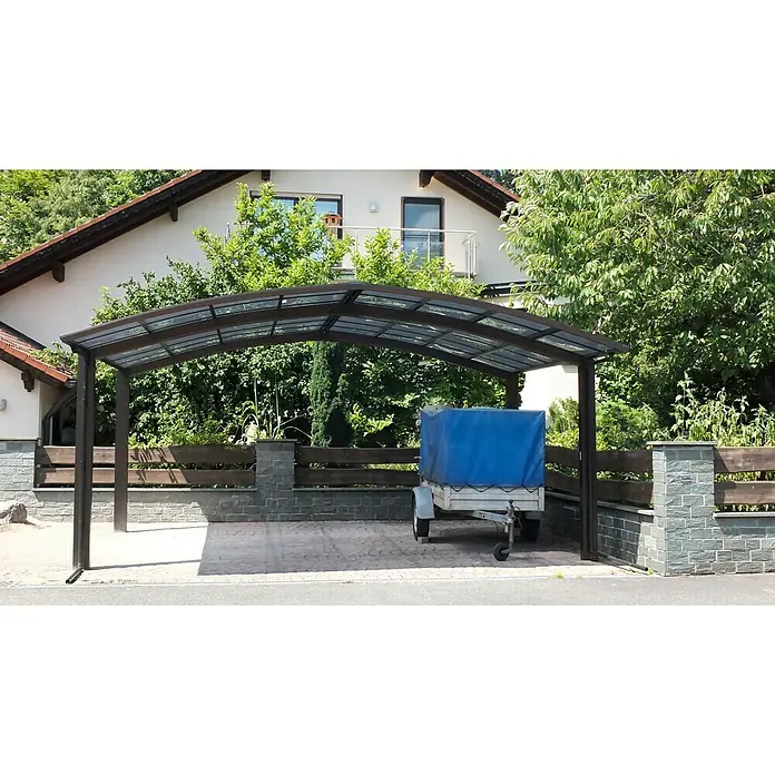 Ximax Carport Portoforte M 60 - Außenmaß inkl. Dachüberstand (B x T): 5,42 x 4,95 m, Doppelcarport, Mattbraun, Schneelast: 75 kg/m² - Überdachter Stellplatz mit Anhänger. Die Überdachung schützt das Fahrzeug vor Witterungseinflüssen und bietet einen praktischen Unterstand.