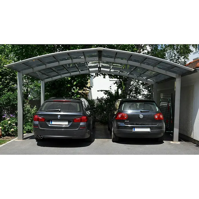 Ximax Carport Portoforte M 60 - Außenmaß inkl. Dachüberstand (B x T): 5,42 x 4,95 m, Doppelcarport, Edelstahloptik, Schneelast: 75 kg/m² - Ein Carport aus Metall mit zwei Autos darunter bietet Schutz vor Witterungseinflüssen. Ideal für den Außenbereich.