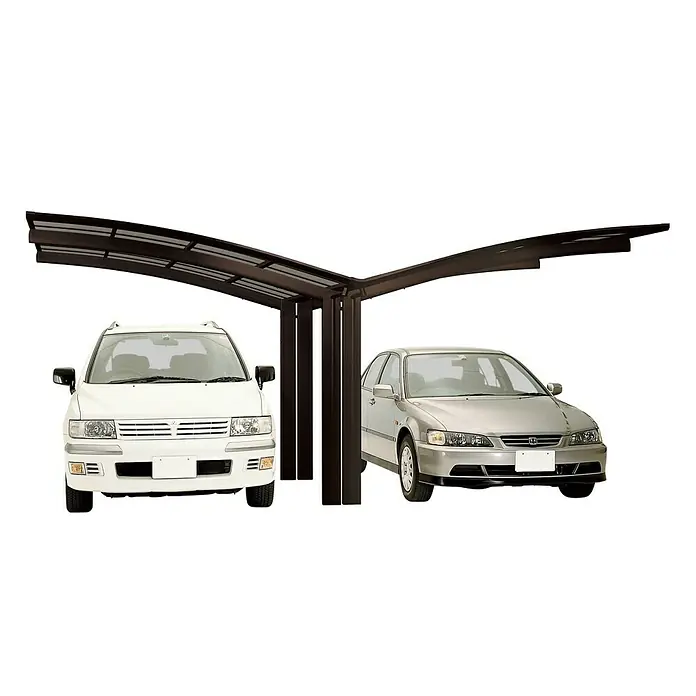 Ximax Carport Portoforte Y 60 - Außenmaß inkl. Dachüberstand (B x T): 5,43 x 4,95 m, Doppelcarport, Mattbraun, Schneelast: 75 kg/m² - Doppelcarport mit zwei Autos. Das Carport ist aus dunklem Metall und bietet Platz für einen weißen Van und eine silberne Limousine.