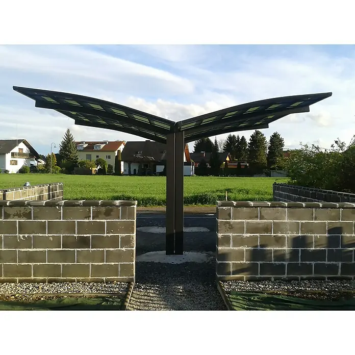 Ximax Carport Portoforte Y 60 - Außenmaß inkl. Dachüberstand (B x T): 5,43 x 4,95 m, Doppelcarport, Mattbraun, Schneelast: 75 kg/m² - Moderner Unterstand mit Ziegelwänden und stilvollem Metalldach, ideal für den Außenbereich und als architektonisches Gestaltungselement.