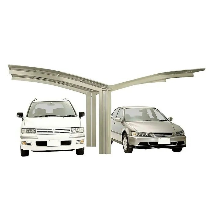 Ximax Carport Portoforte Y 60 - Außenmaß inkl. Dachüberstand (B x T): 5,43 x 4,95 m, Doppelcarport, Edelstahloptik, Schneelast: 75 kg/m² - Doppelcarport aus Stahl mit zwei parkenden Autos. Die Stahlkonstruktion schützt die Fahrzeuge vor Witterungseinflüssen.