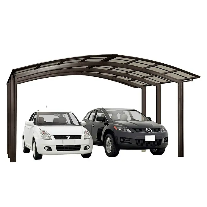 Ximax Carport Portoforte M 80 - Außenmaß inkl. Dachüberstand (B x T): 5,42 x 4,95 m, Doppelcarport, Mattbraun, Schneelast: 100 kg/m² - Überdachter Carport mit zwei geparkten Autos.