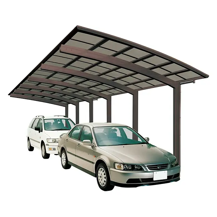 Ximax Carport Portoforte Tandem 110 - Außenmaß inkl. Dachüberstand (B x T): 2,7 x 9,83 m, Doppelcarport, Mattbraun, Schneelast: 137 kg/m² - Ein Carport mit zwei geparkten Autos darunter. Der Unterstand bietet Schutz vor Witterungseinflüssen.