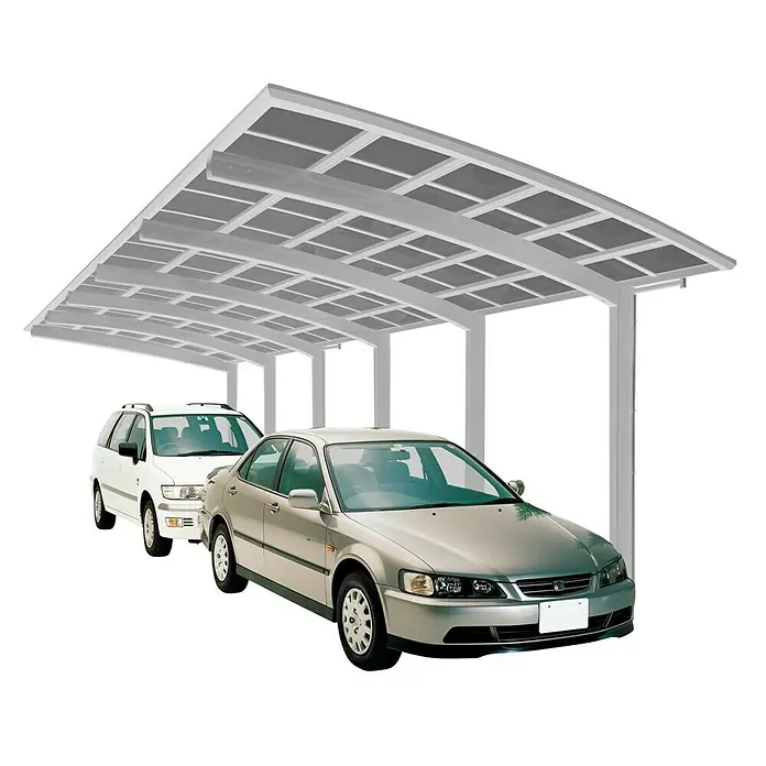 Ximax Carport Portoforte Tandem 110 - Außenmaß inkl. Dachüberstand (B x T): 2,7 x 9,83 m, Doppelcarport, Edelstahloptik, Schneelast: 137 kg/m² - Doppelcarport mit zwei geparkten Autos darunter, bietet Schutz vor Witterungseinflüssen.
