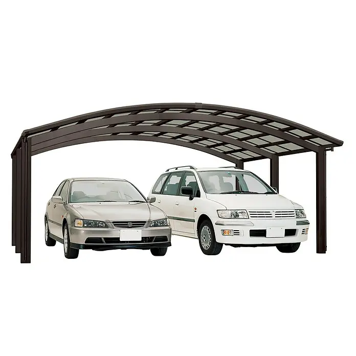 Ximax Carport Portoforte M 110 - Außenmaß inkl. Dachüberstand (B x T): 5,42 x 4,95 m, Doppelcarport, Mattbraun, Schneelast: 137 kg/m² - Abbildung eines Carports mit zwei geparkten Autos. Der Carport schützt die Fahrzeuge vor Witterungseinflüssen und bietet einen praktischen Unterstand.