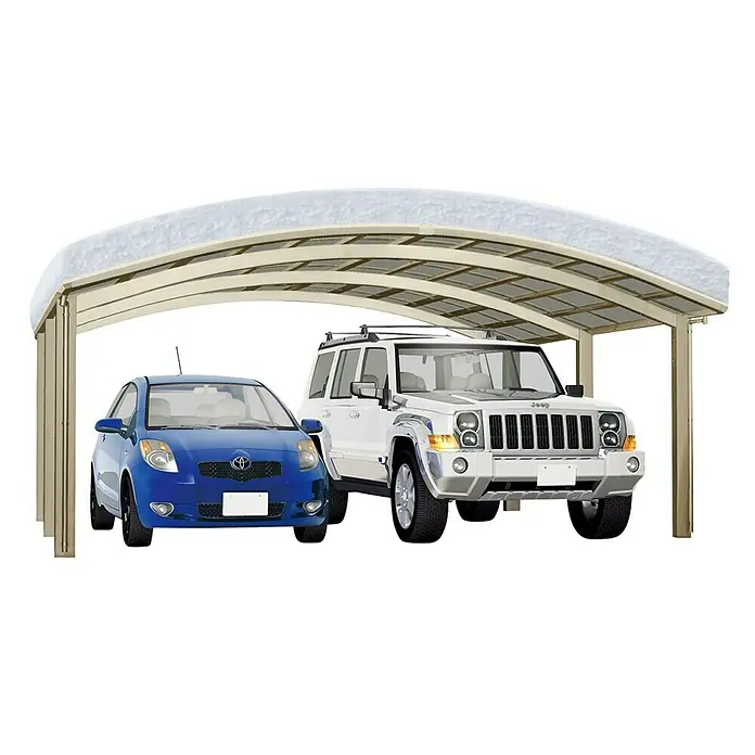 Ximax Carport Portoforte M 110 - Außenmaß inkl. Dachüberstand (B x T): 5,42 x 4,95 m, Doppelcarport, Edelstahloptik, Schneelast: 137 kg/m² - Abbildung eines Carports mit zwei Autos darunter, der Schutz vor Witterungseinflüssen bietet und das Erscheinungsbild des Hauses aufwertet.