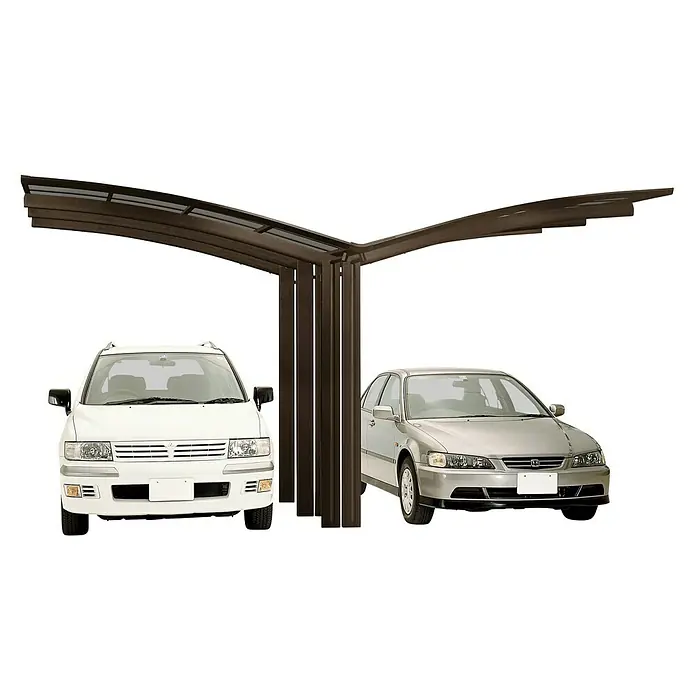 Ximax Carport Portoforte Y 110 - Außenmaß inkl. Dachüberstand (B x T): 5,43 x 4,95 m, Doppelcarport, Mattbraun, Schneelast: 137 kg/m² - Ein Carport für zwei Autos in Dunkelbraun mit einem weißen und einem silbernen Auto darunter, um sie vor Witterungseinflüssen zu schützen.